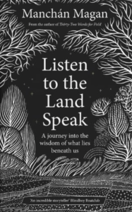 book cover of "listen to the land speak" featuring black cover with white linear botanical illustrations